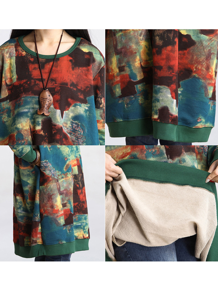 Casual Dresses Autumn Winter Women Dress Oversized ONeck Thick Velvet Outwear Graffiti Print Woolen Hoodies Plush Midi 230214