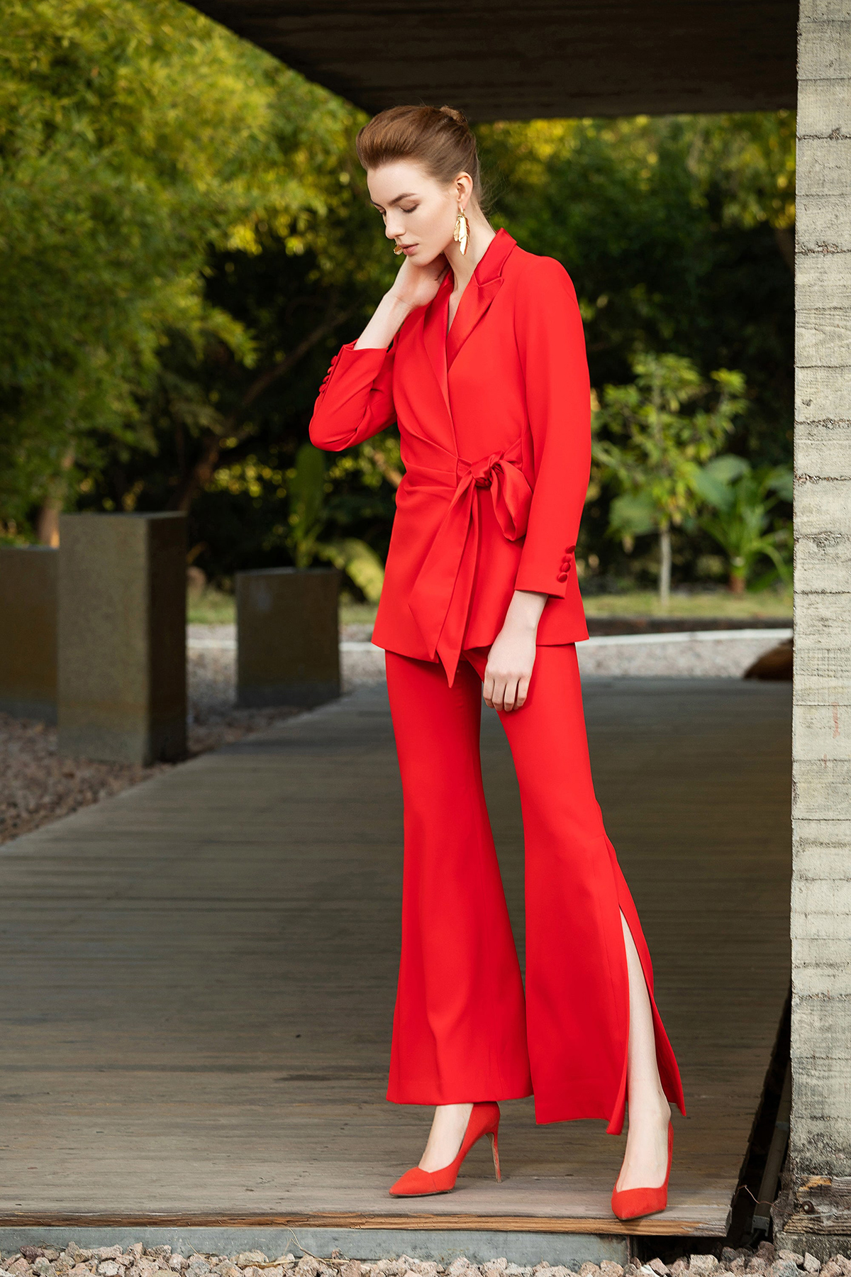 Bright Red Tailored Women Pants Suits Spring Prom Party Wear Blazer For Wedding Loose Trousers 2 Pieces
