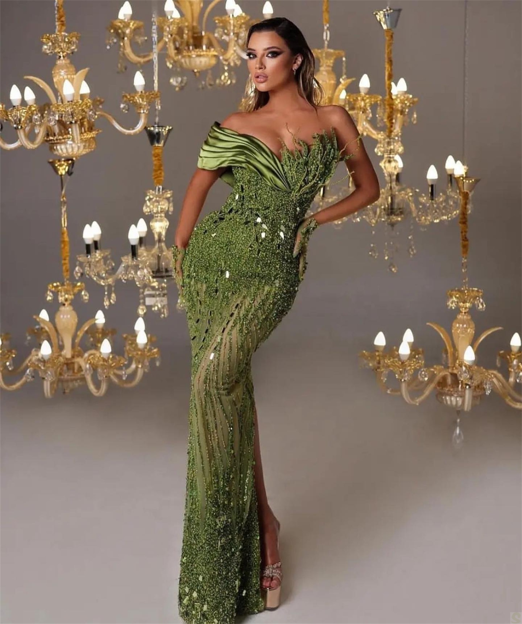 Beads Mermaid Prom Dresses Sexy Crystal Green Tailor Made One Shoulder Evening Gowns High Thigh Split Robe De Mariee