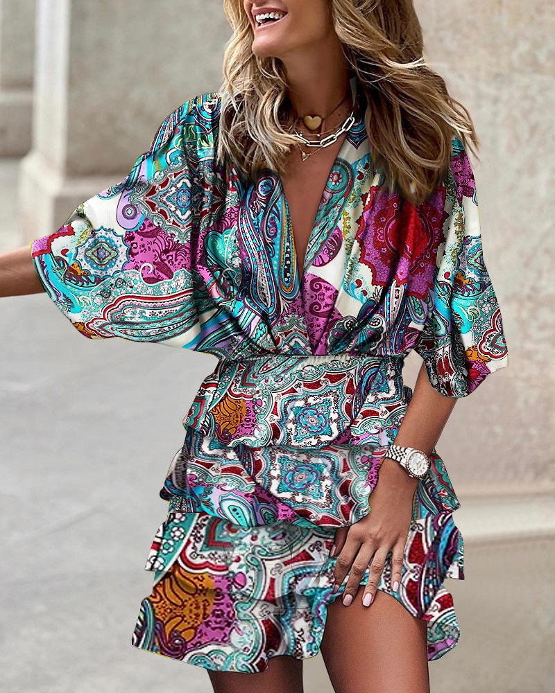 Casual Dresses Casual Leaf Print Sleeve Dress Lady Irregular Party Dress Sexy VNeck Women Mini Dress 230214
