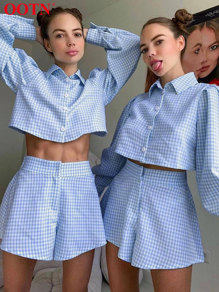 Women's Two Piece Pants OOTN Gingham Long Lantern Sleeve Female Set Crop Top Shirt With High Waist Shorts Summer Two Piece Set Elegant Women Shor