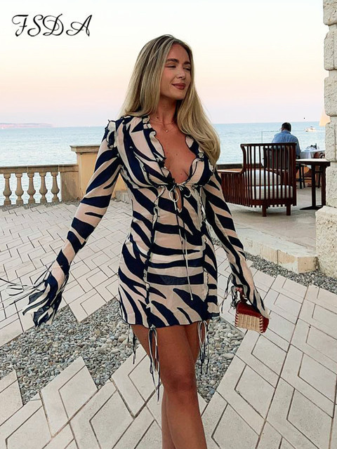 Casual Dresses FSDA Print Long Sleeve Mini Summer Beach Dress Ruffles Mesh Sexy Party Bodycon Bandage See Through 90s Club 230214