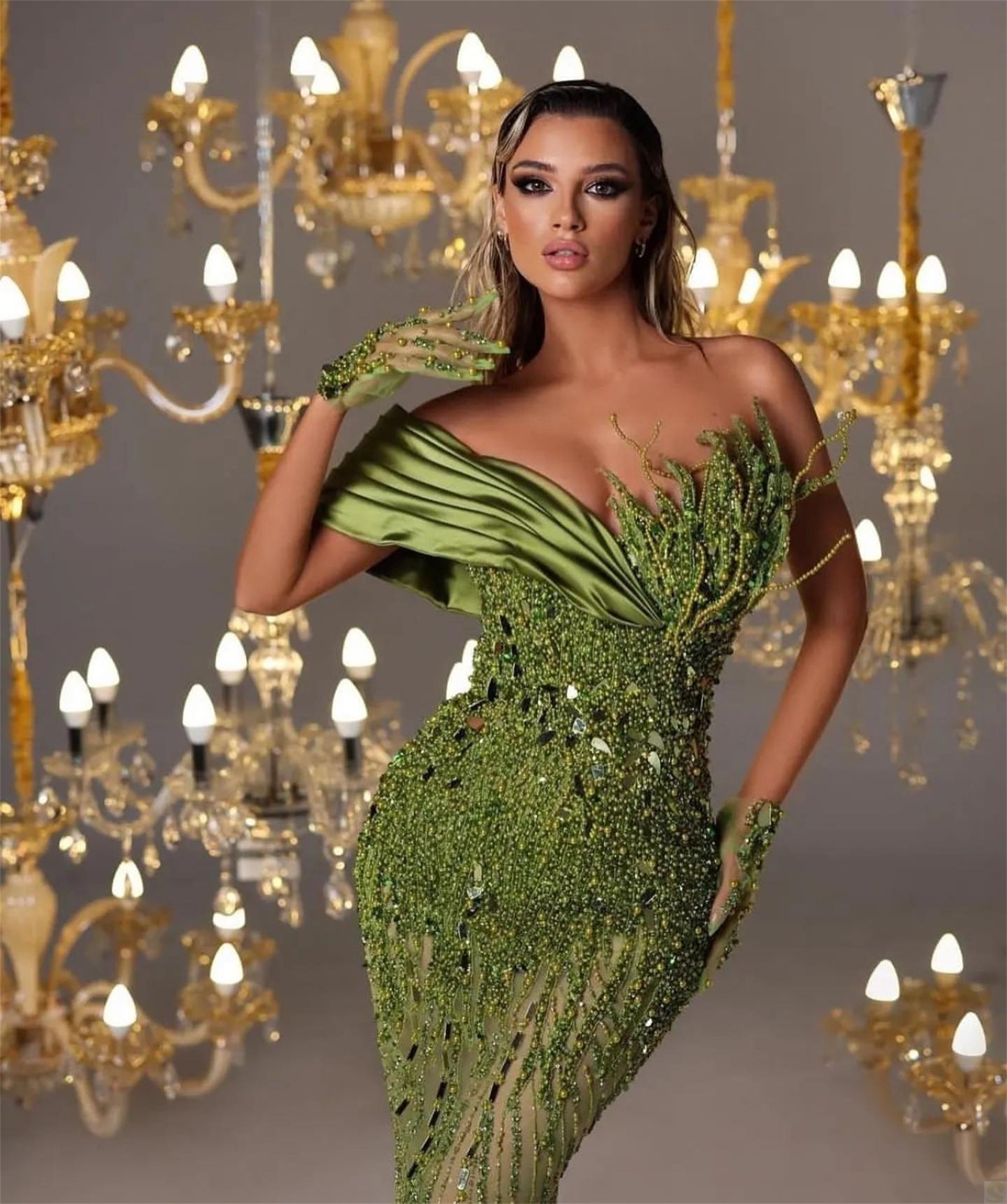 Beads Mermaid Prom Dresses Sexy Crystal Green Tailor Made One Shoulder Evening Gowns High Thigh Split Robe De Mariee