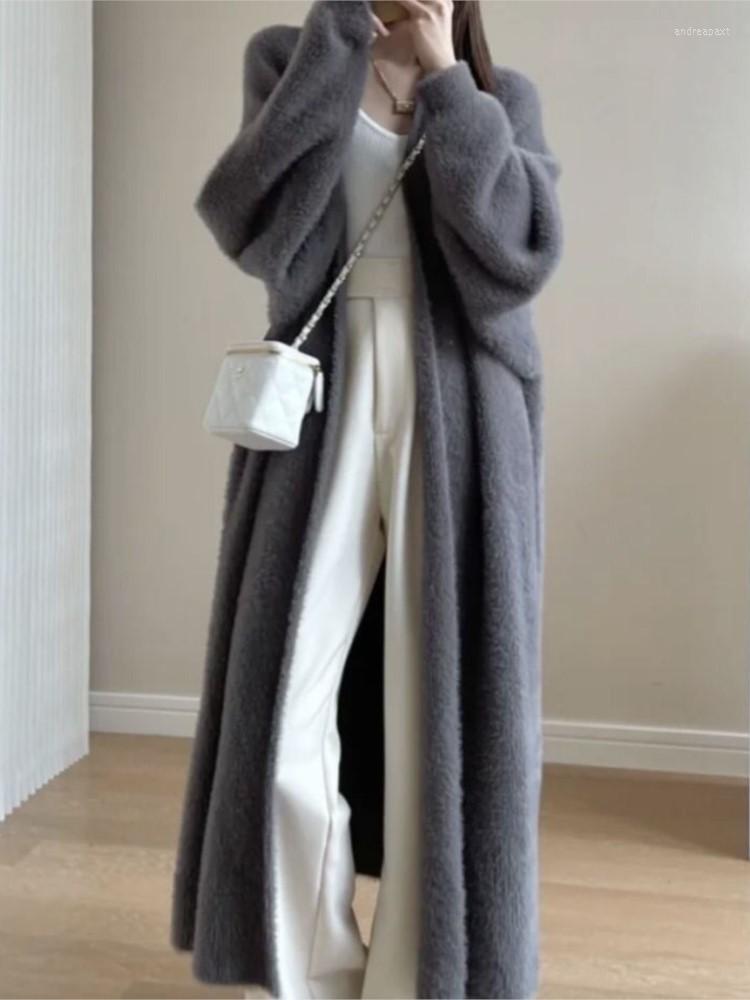 Women' Knits Autumn Clothes Women Faux Mink Cashmere Cardigan Loose Pull Femme Bat Sleeve Long Coat Thickness Warm Knitted Sweater Outwear, Gray