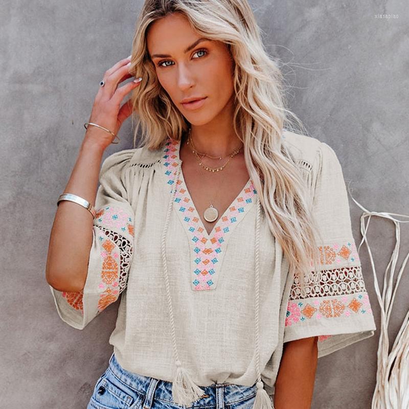 Women' T Shirts Womens Summer Boho Shirt Embroidery Floral Bohemian Blouse Half Sleeve V-Neck Tassels Drawstring Casual Tops, Beige
Women' T Shirts Womens Summer Boho Shirt Embroidery Floral Bohemian Blouse Half Sleeve V-Neck Tassels Drawstring Casual Tops, Beige