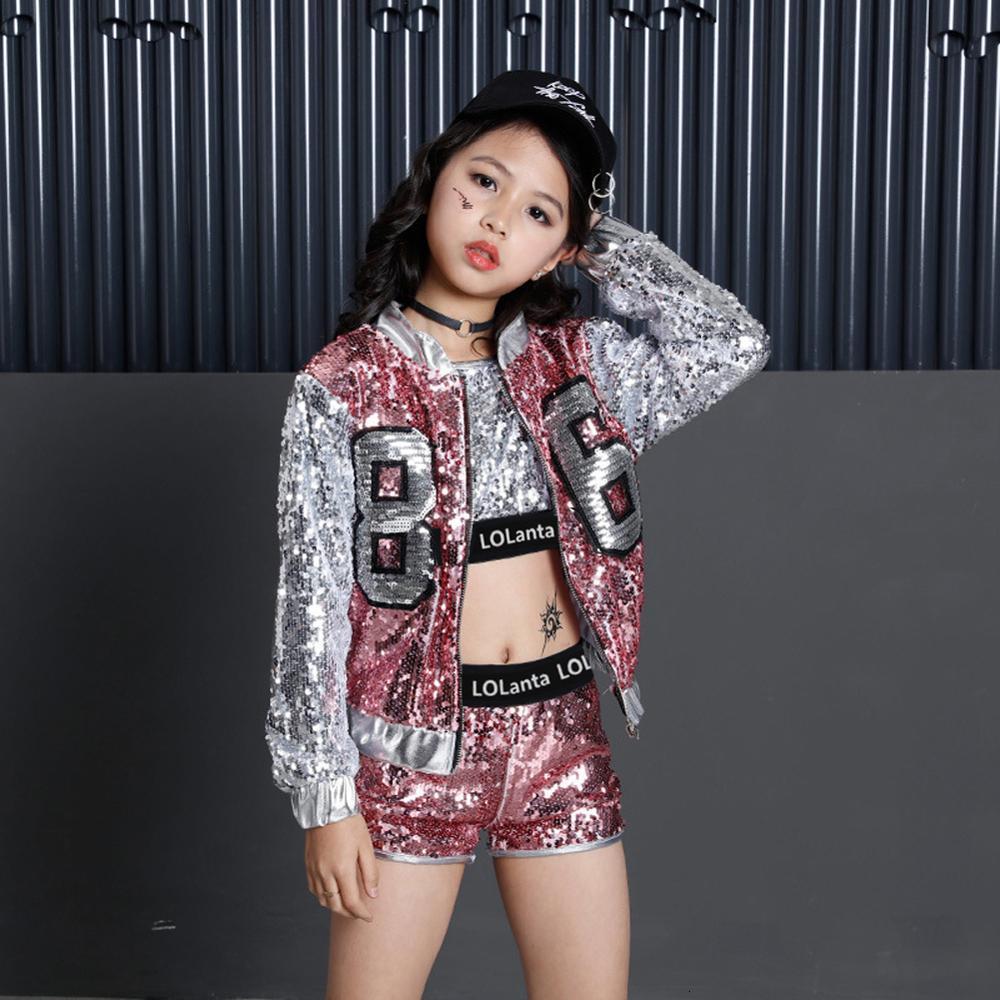 Clothing Sets 4-14 Years Girls Pink Sequin Crop Tops Shorts Jacket Dancewear Costume Hip Hop Modern Jazz Dance Stage Performance Wear 230213