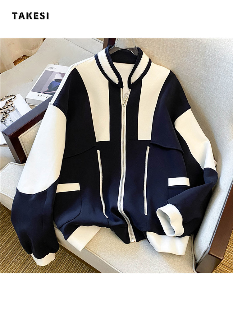 Women's Jackets American Casual Patchwork Coats Women Allmatch Fashion Loose Harajuku Color Block Outwear Zipper Bomber Jacket Streetwear Fall 23