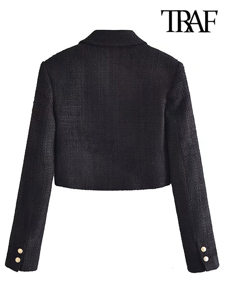 Women's Suits Blazers TRAF Women Fashion Tweed Cropped Blazer Coat Vintage Long Sleeve Front Buttons Female Outerwear Chic Veste Femme 230214