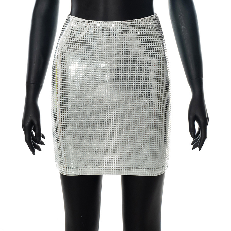 Skirts BKLD Fashion Women Spring Solid Color Silver Sequin Stitching Casual Mesh Slim Bodycon Mini Skirt Sexy Club Outfits 230214