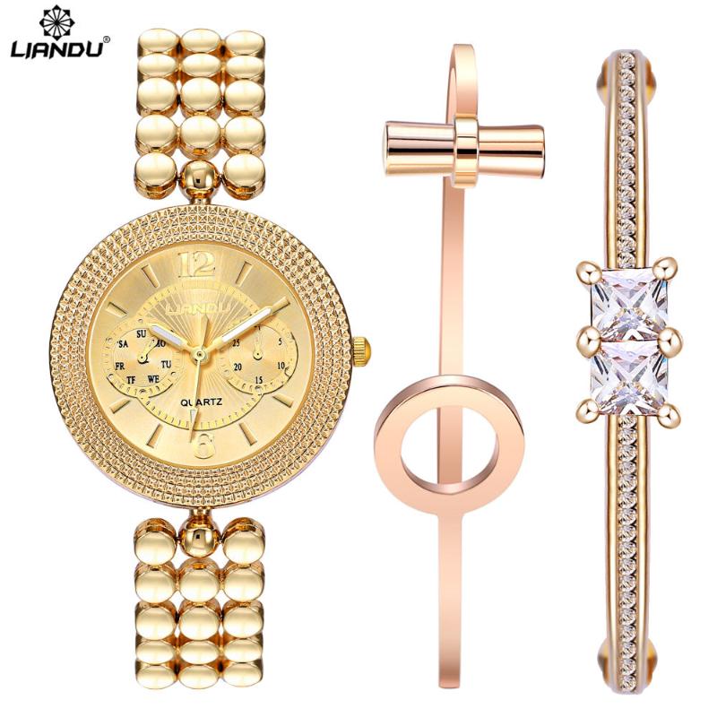 Wristwatches LIANDU Brand Women Quartz Watches CZ Diamond Jewelry Bracelet & Watch Set Gold Strap Dress Feminino
Wristwatches LIANDU Brand Women Quartz Watches CZ Diamond Jewelry Bracelet & Watch Set Gold Strap Dress Feminino