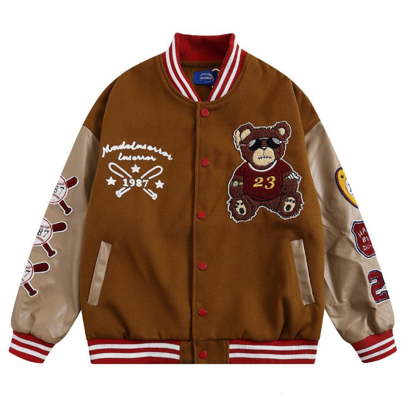 Mens Jackets American Retro Bear Embroidered Coats Y2K Street Hip Hop Trend Baseball Uniform Couple Casual Wild Jacket 230214