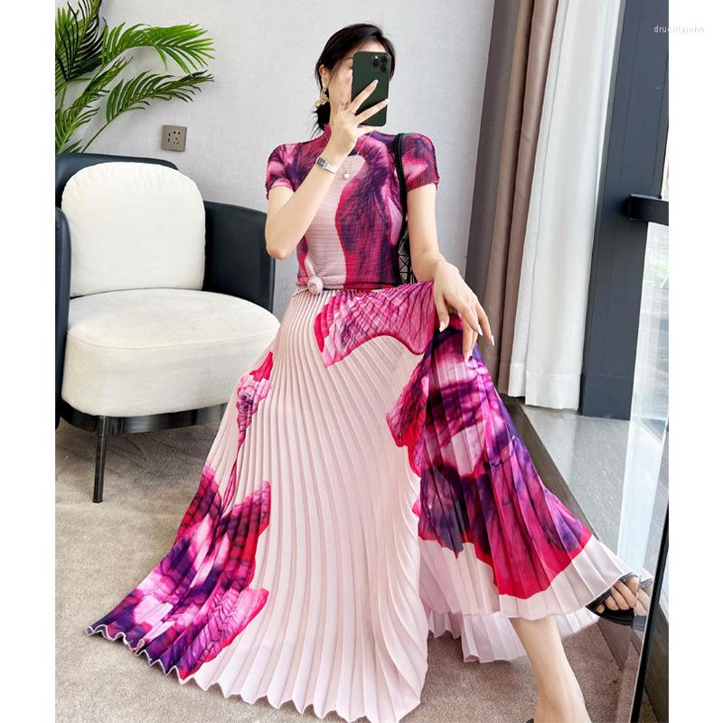

Work Dresses Miyake Pleated Suit Women 2023 Summer Gradient Color Printed Loose Top Women' High Waist Two-Piece Overskirt
