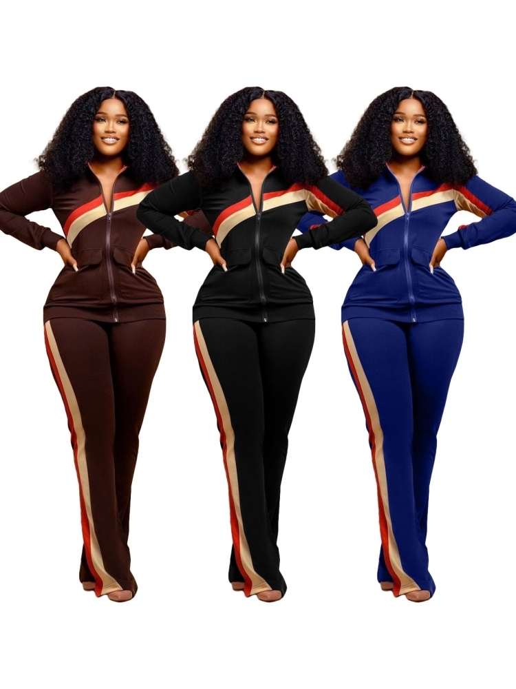 Women's Two Piece Pants Autumn Winter Two Piece Set Women Tracksuit Zipper Stand Collar Jacket Tops Pants Suits Set Fashion Patchwork Two Piece O