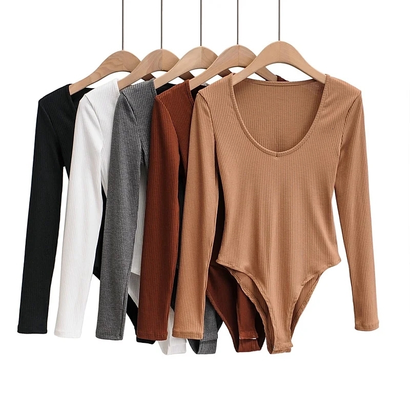 Womens Jumpsuits Rompers Women V Neck Long Sleeve Ribbed Bodysuit 230214