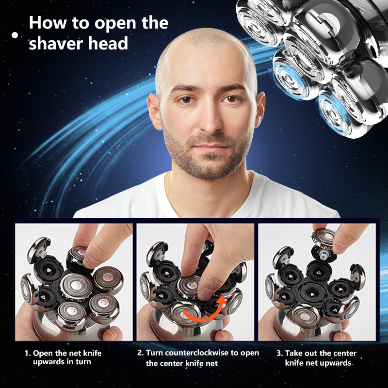 Electric Shavers Bald Men Electric Razor for Men Multifunctional Wet/Dry 7D Rotary Shaver Grooming Kit Rechargeable LED Display with Clippers Nose Tri
