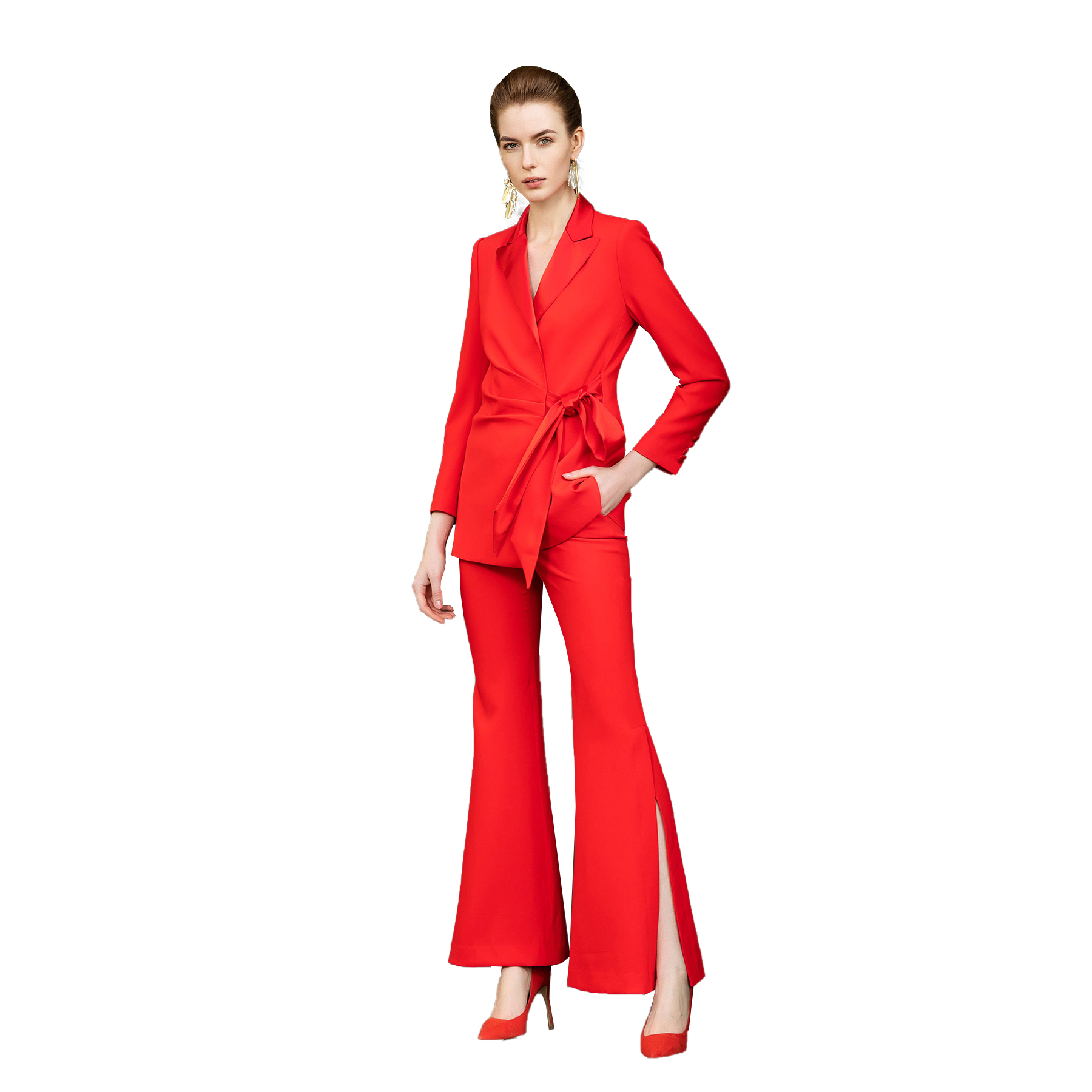 Bright Red Tailored Women Pants Suits Spring Prom Party Wear Blazer For Wedding Loose Trousers 2 Pieces