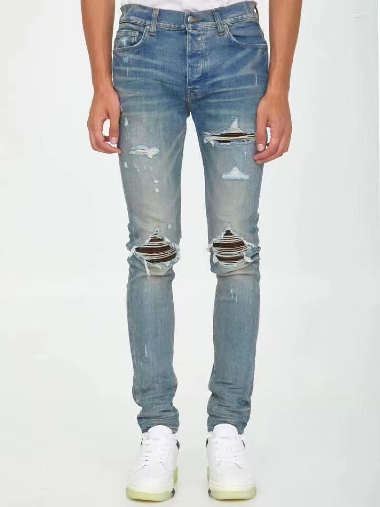 Men's Jeans High Street Washed Hole Old Patchwork Brown Leather Slim Men, Blue
Men's Jeans High Street Washed Hole Old Patchwork Brown Leather Slim Men, Blue