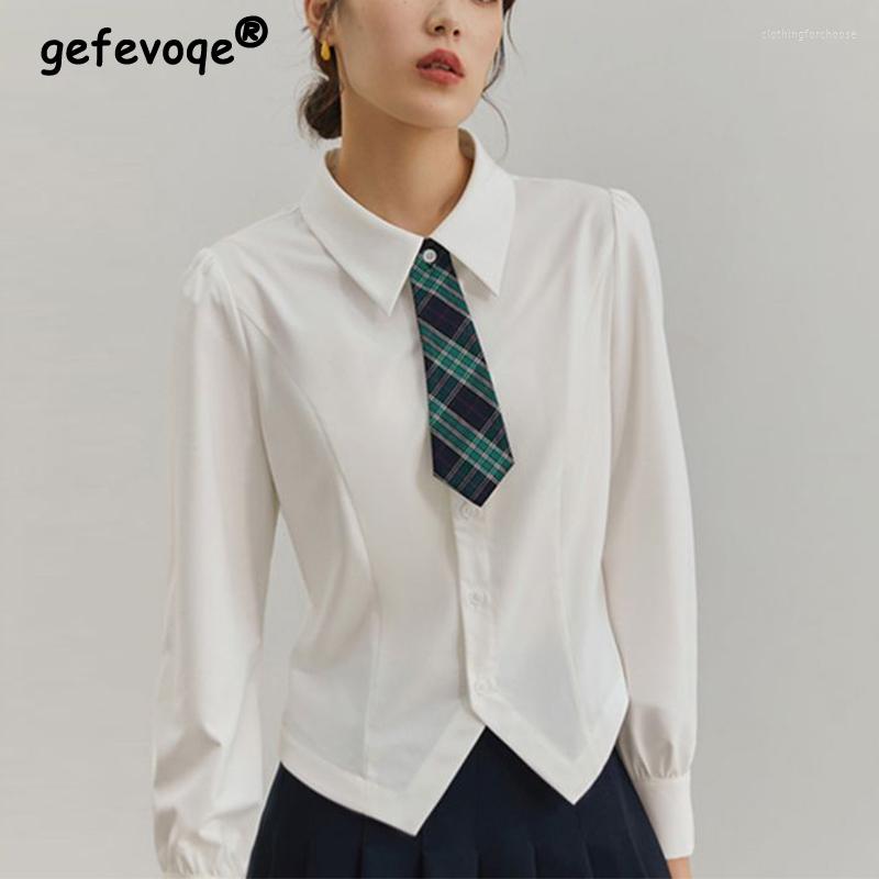 Women' Blouses Spring Autumn Preppy Style Polo-neck Elegant Fashion Buttons Short Shirt Long Sleeve All-match White Blouse With Tie Top
Women' Blouses Spring Autumn Preppy Style Polo-neck Elegant Fashion Buttons Short Shirt Long Sleeve All-match White Blouse With Tie Top