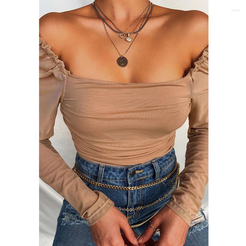 Womens Blouses Sexy Ruched Square Collar Slim Fit Blouse Women Solid Color Long Sleeve Top Puff Shoulder Mesh Lady Chic