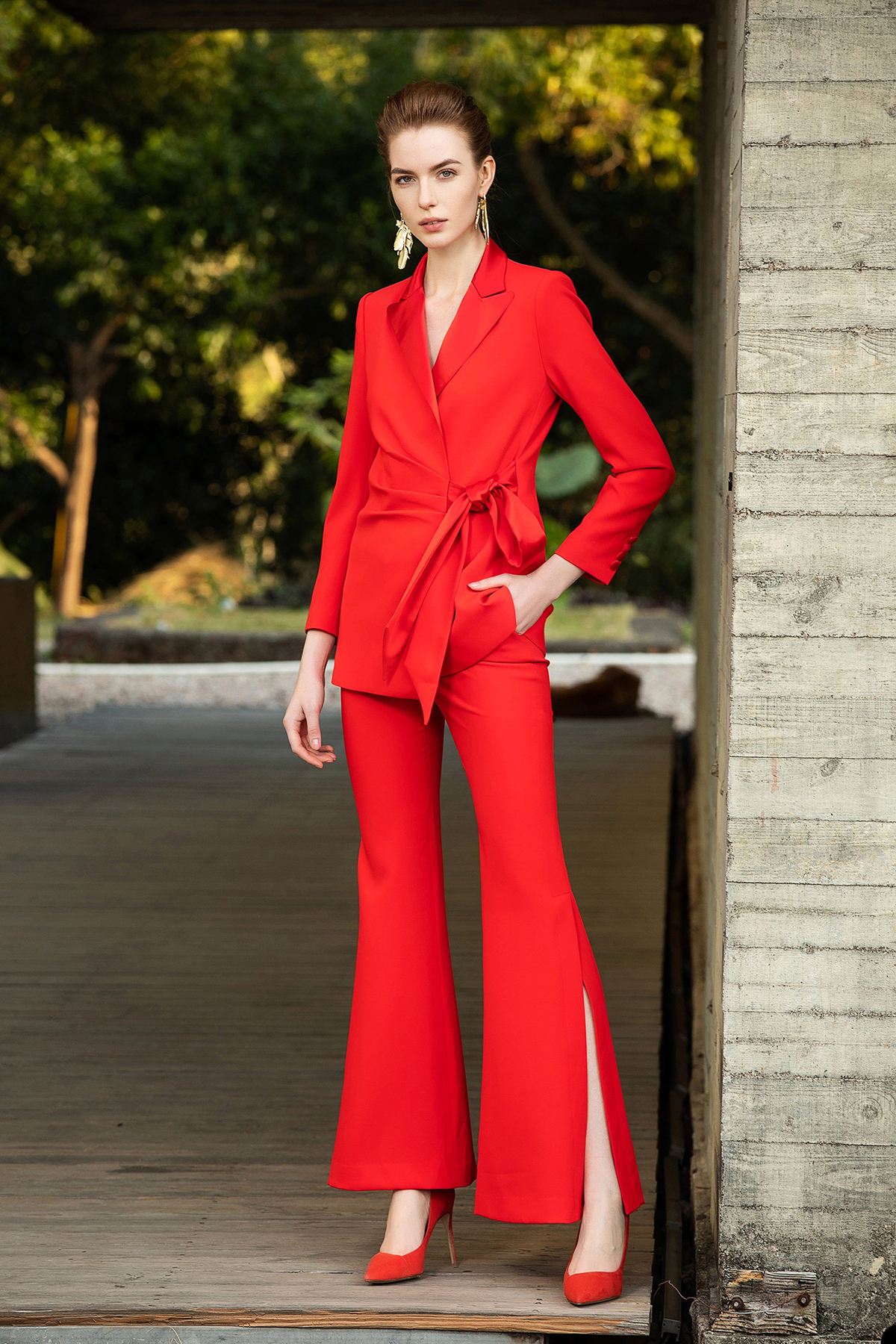 Bright Red Tailored Women Pants Suits Spring Prom Party Wear Blazer For Wedding Loose Trousers 2 Pieces