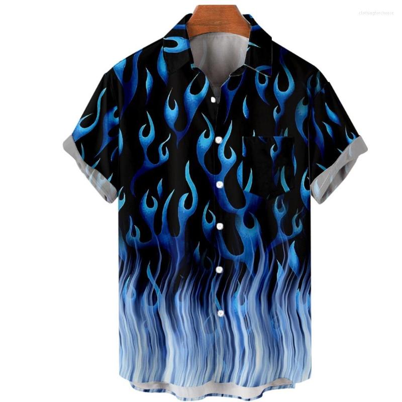 Men's Casual Shirts Men's Hawaiian Flame Printed Shirt Short Sleeve Fashion Tops Beach Button Blouse Streetwear