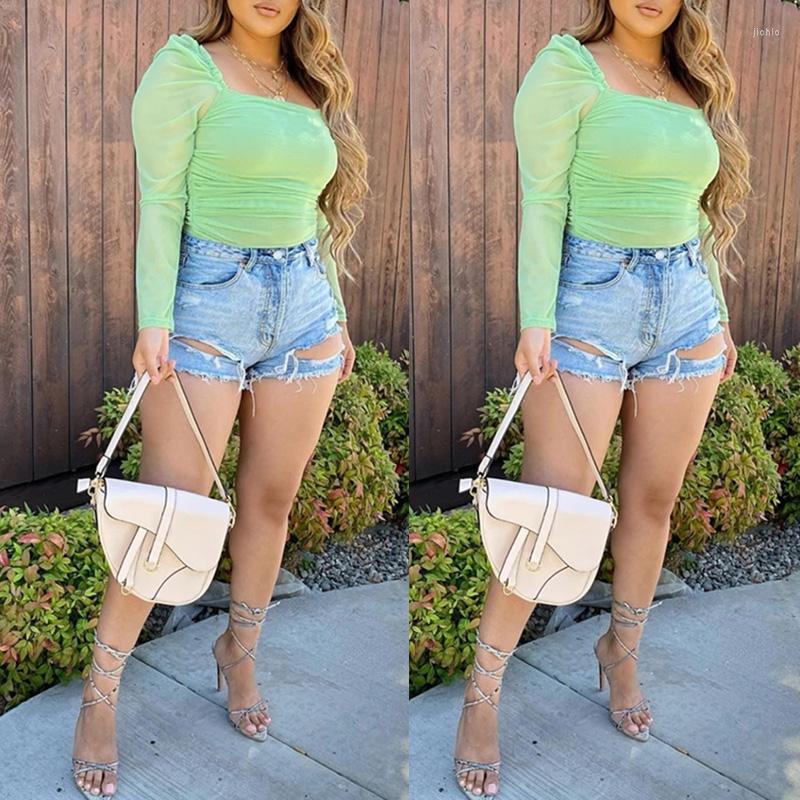 Womens Blouses Sexy Ruched Square Collar Slim Fit Blouse Women Solid Color Long Sleeve Top Puff Shoulder Mesh Lady Chic