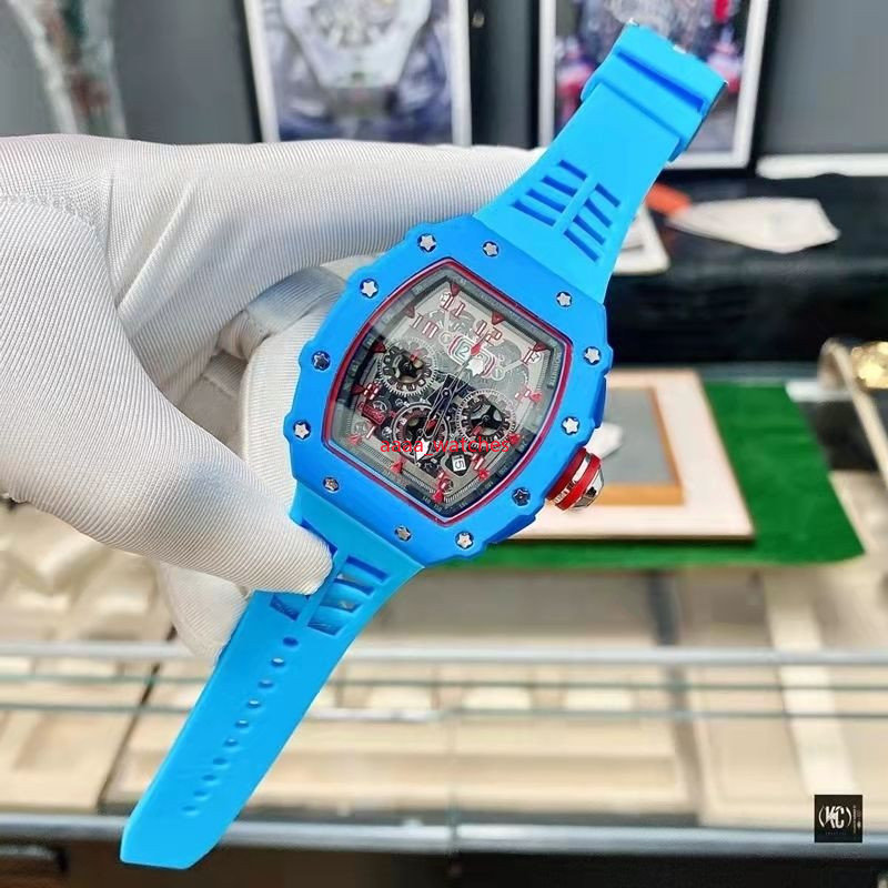 full functional mens Wristwatches automatic watches black blue color luminous calendar 43mm dial silicoen strap man watch kis