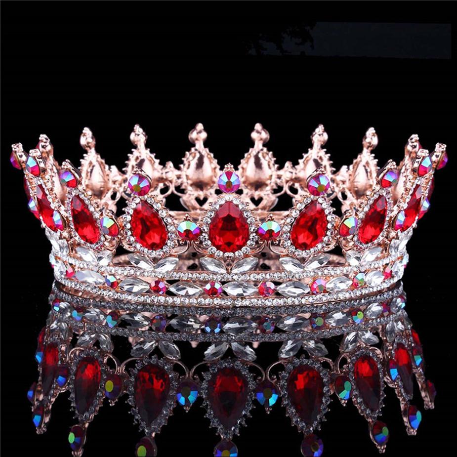 European Designs Royal King Queen Crown Ruby Teardrop Rhinestone Tiara Hair jewelry Quinceanera crown Wedding bride Pageant Tiaras