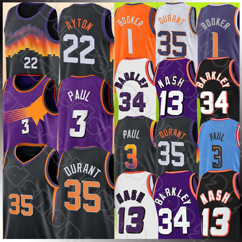 Kevin Durant Chris Paul Jerseys Devin Booker Basketball 35 22 1 3 Retro Mesh Charles Barkley Steve Nash DeAndre Ayton Men Phoenixs Sun 34 13 Black Purple White