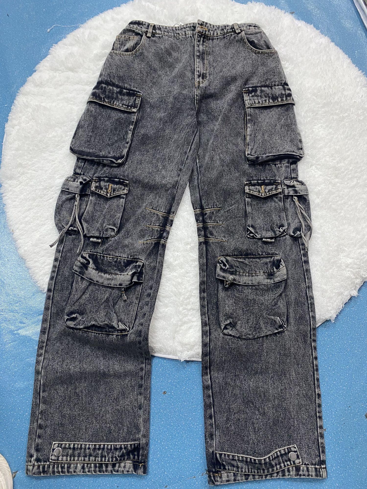 Women's Jeans GetSpring Women Denim Pants Autumn Winter Multi pocket Wide Leg Jeans Fashion Loose Leisure Long Denim Trousers Arrvial 230214