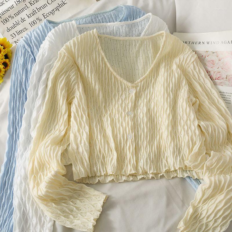 Women's Blouses V Slim White Pleated Shirt Sunscreen Tops Crop Single Breasted Long Sleeve Cardigan Wild Thin Plaid Women Blouse, Blue 
Women's Blouses V Slim White Pleated Shirt Sunscreen Tops Crop Single Breasted Long Sleeve Cardigan Wild Thin Plaid Women Blouse, Blue