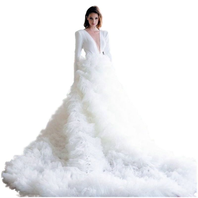 Tiers Long Train Wedding Dress Full Sleeves Simple A-Line White Bridal Gowns Sheer Deep V-neck Open Back Buttons Garden Gorgeous Sexy Bride Dresses
