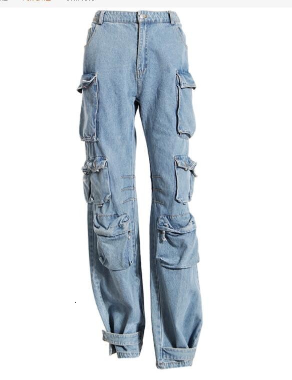 Women's Jeans GetSpring Women Denim Pants Autumn Winter Multi pocket Wide Leg Jeans Fashion Loose Leisure Long Denim Trousers Arrvial 230214
