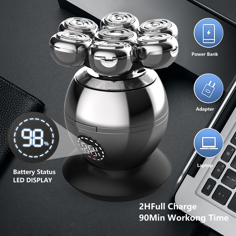 Electric Shavers Bald Men Electric Razor for Men Multifunctional Wet/Dry 7D Rotary Shaver Grooming Kit Rechargeable LED Display with Clippers Nose Tri