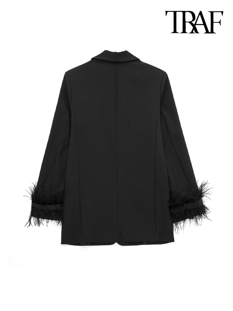Women's Suits Blazers TRAF Women Fashion With Feathers Front Button Blazer Coat Vintage Long Sleeve Flap Pockets Female Outerwear Chic Vestes 230