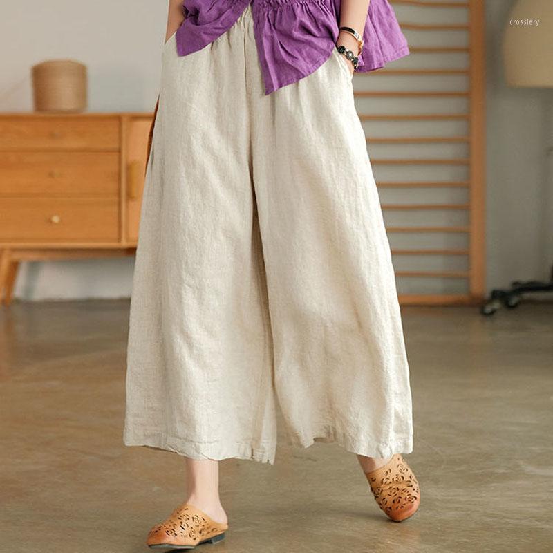 

Women's Pants Casual Simplicity Summer Solid Color Wide Leg Stylish Women's Clothing Elastic Waist Pockets Loose Vintage Cropped, Linen