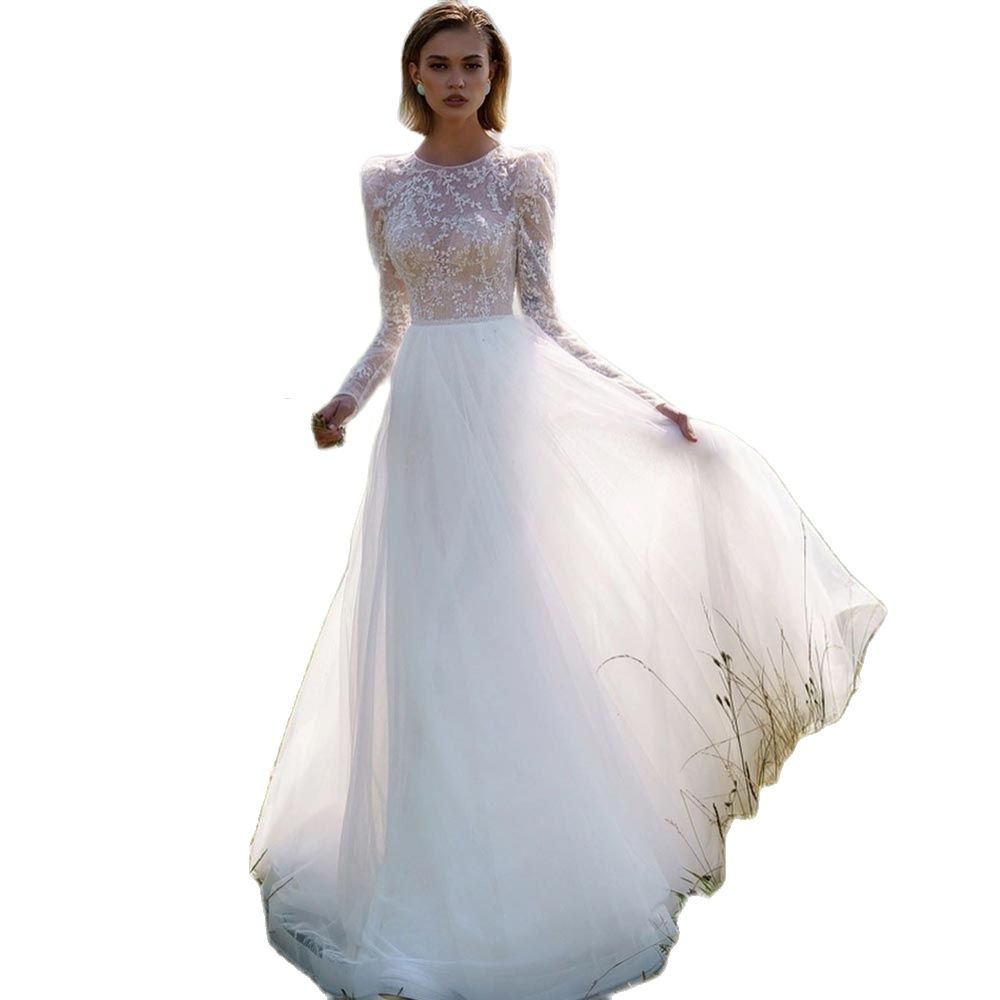 Charming Wedding Dresses A Line Lace Bridal Gowns With Long Sleeves Beaded Jewel Neckline A Line Floor Length Tulle Vestido De Novia