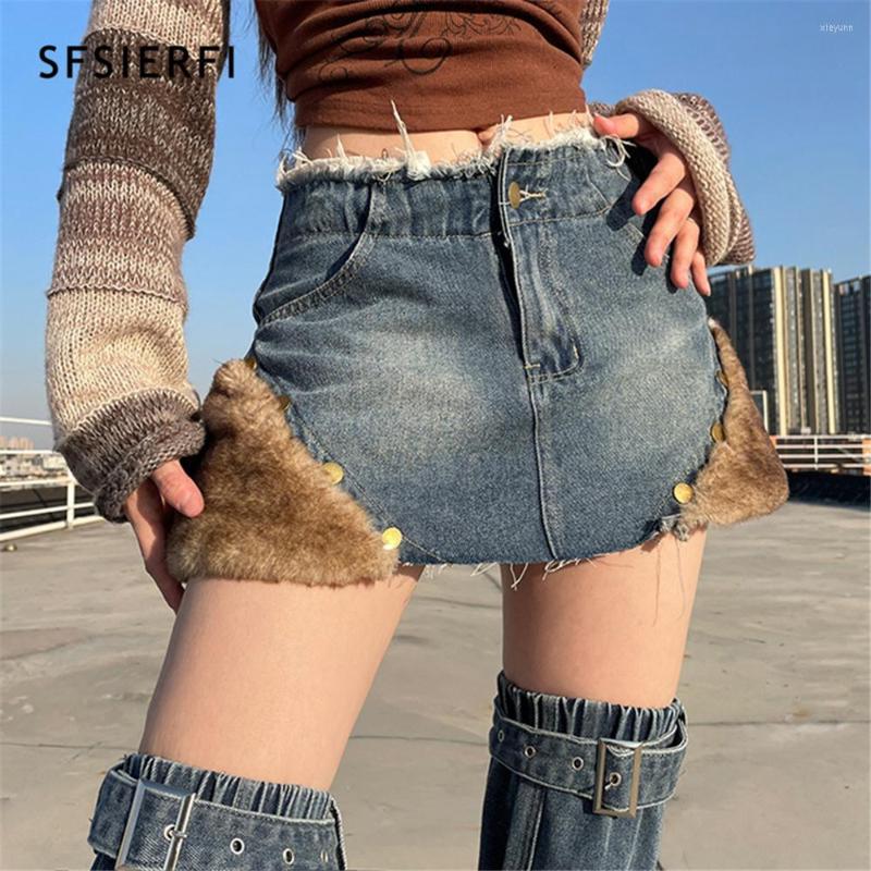 Women's Jeans SFSIERFI Spring Villus Skirt Streetwear Goth Clothes Sexy High Waist Denim Y2k Bandage Boots Socks, Jeans skirt 
Women's Jeans SFSIERFI Spring Villus Skirt Streetwear Goth Clothes Sexy High Waist Denim Y2k Bandage Boots Socks, Jeans skirt