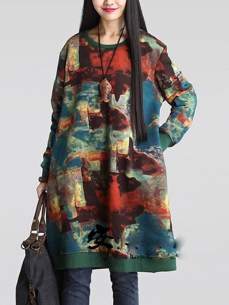 Casual Dresses Autumn Winter Women Dress Oversized ONeck Thick Velvet Outwear Graffiti Print Woolen Hoodies Plush Midi 230214