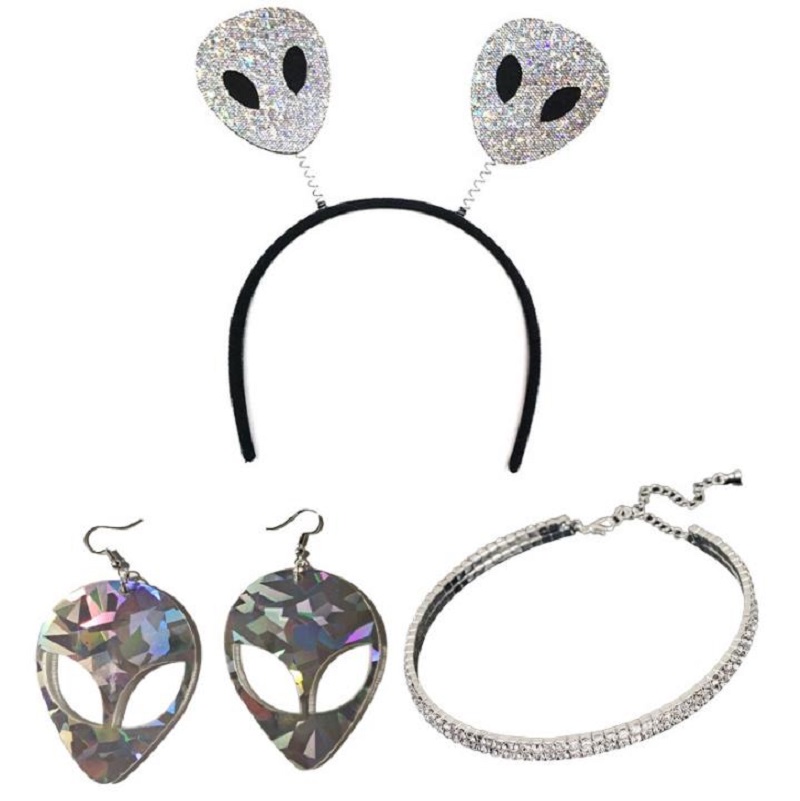Alien Hairband Wired Ribbon Funny Martian Antennas Glitter Spring Headband Party Cosplay Costume Accessory For Child Adults Silver