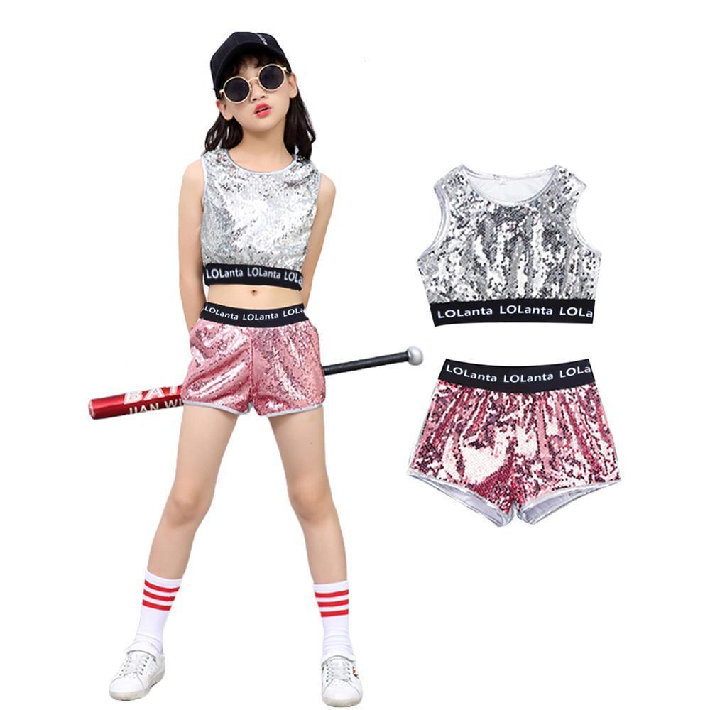 Clothing Sets 4-14 Years Girls Pink Sequin Crop Tops Shorts Jacket Dancewear Costume Hip Hop Modern Jazz Dance Stage Performance Wear 230213