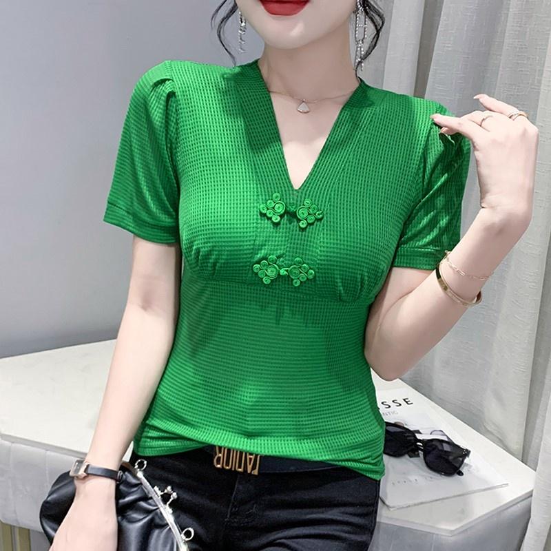 Women's T Shirts #6868 Black Green Blue Puff Sleeve Shirt Women V-neck Buttons Sexy Chinese Style Vintage Skinny Slim SummerWom
Women's T Shirts #6868 Black Green Blue Puff Sleeve Shirt Women V-neck Buttons Sexy Chinese Style Vintage Skinny Slim SummerWom