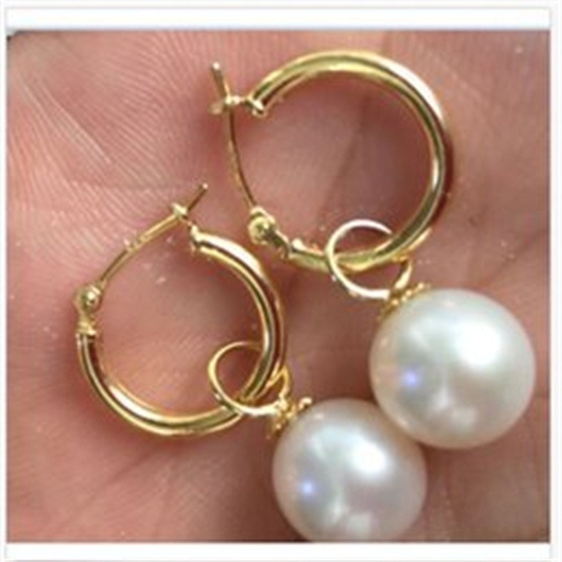 Dangle & Chandelier 9-10mm perfect round white Australia south sea pearl dangle earring 14K Gold