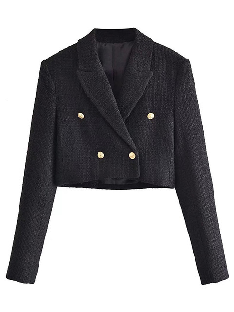 Women's Suits Blazers TRAF Women Fashion Tweed Cropped Blazer Coat Vintage Long Sleeve Front Buttons Female Outerwear Chic Veste Femme 230214