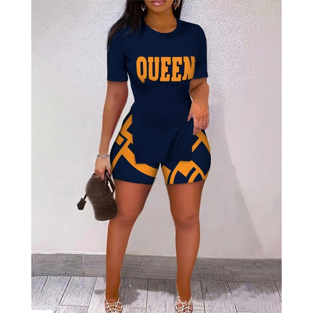 Women's Two Piece Pants Women Letter Print Split Hem Top Colorblock Shorts Set Summer Fashion Femme Oneck Two Pieces Outfits Streetwear Set 23021
