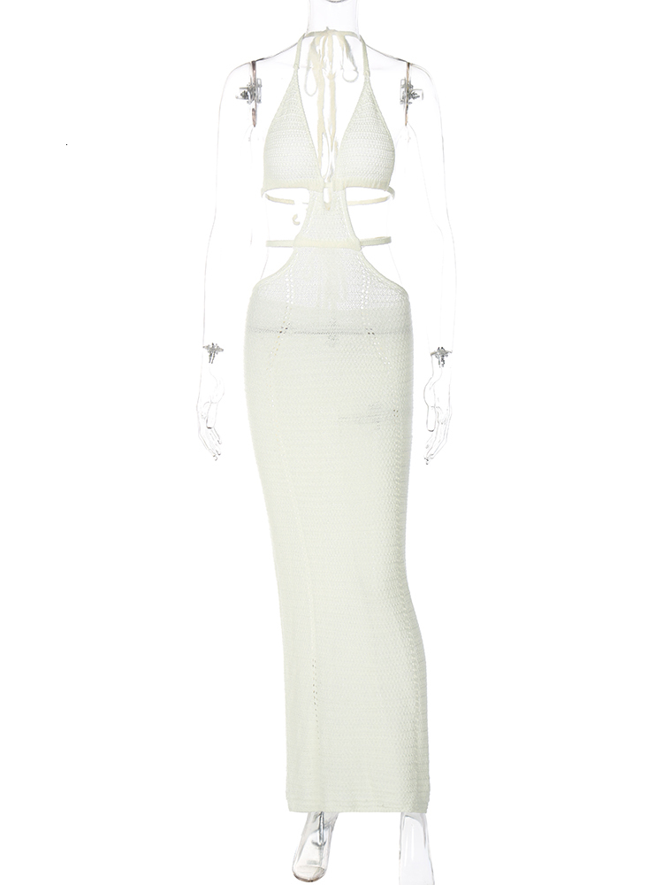 Casual Dresses Hugcitar Crochet Halter Sleeveless Backless Solid Hollow Out Bandage Sexy Slim Maxi Prom Dress Winter Festival Party Outfit 230214
