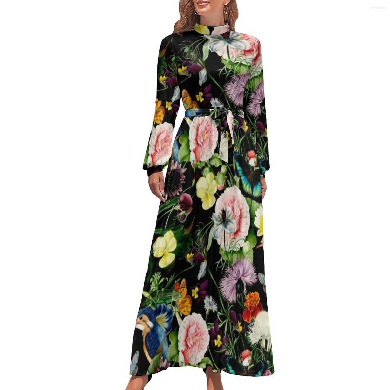 Casual Dresses Colorful Flower Print Dress Bird And Butterfly Kawaii Maxi Basic Boho Beach Long High Neck Vestido, Style-13