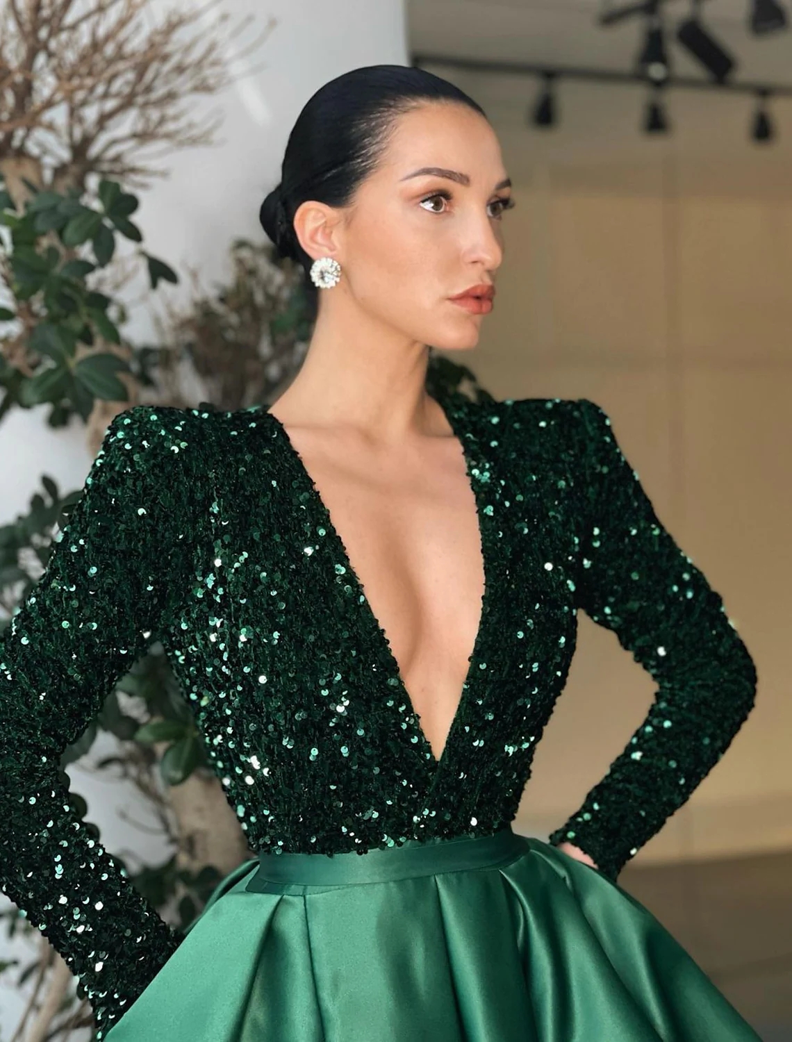 Dark Green Evening Party Dress Long Sleeve V Neck Satin Sequin Women Prom Formal Gown A-line Robe de Soiree 2023 Vestidos De Feast