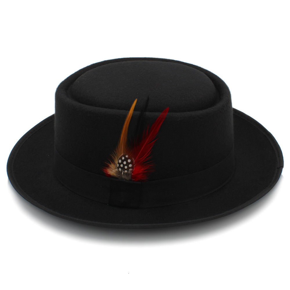 Wide Brim Hats Bucket Fashion Women Men Pork Pie Dad Wool Flat Fedora Lady Gentleman Gambler Panama Trilby With Feather Size 58CM 230214
