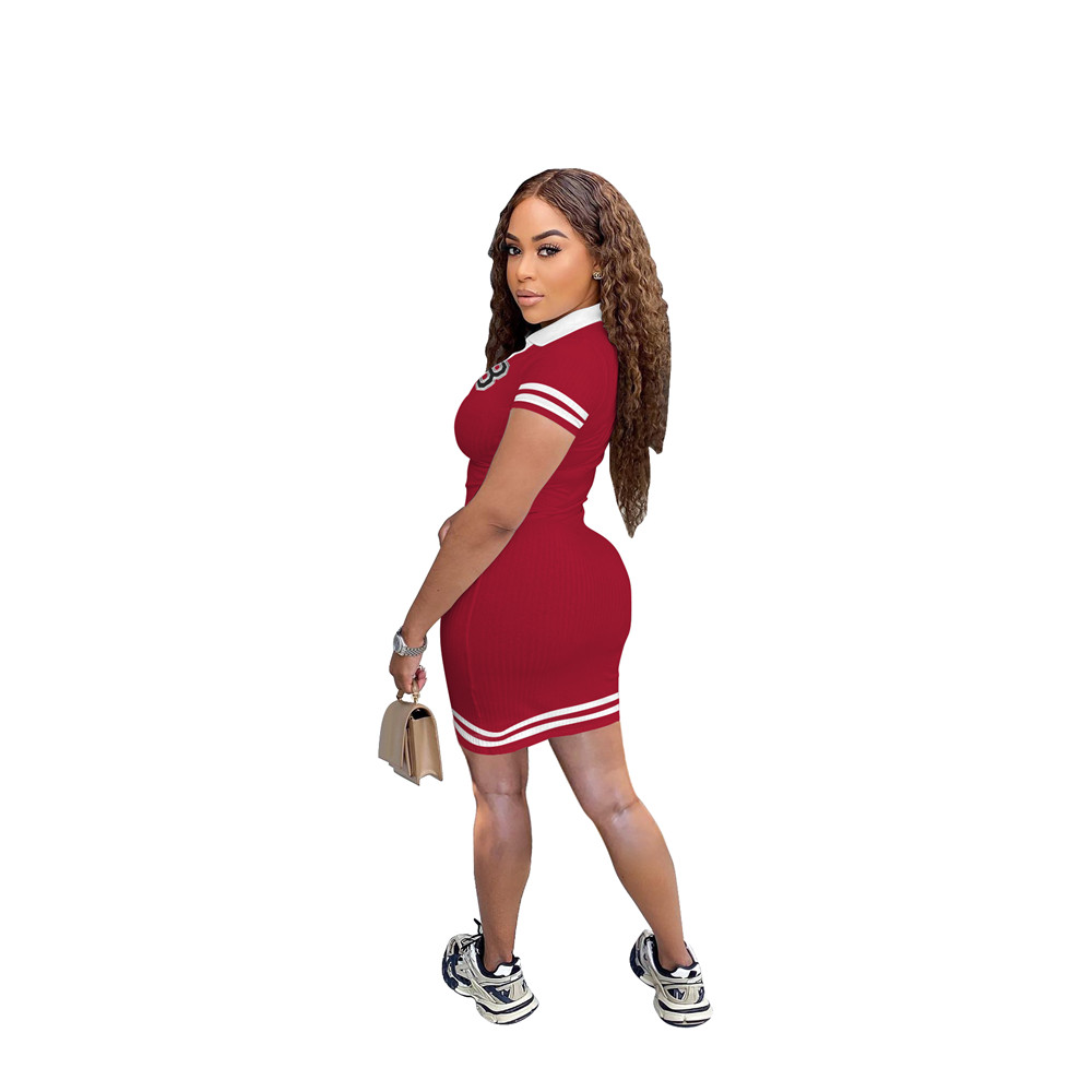 2023 Designer Women Casual Dresses Summer Short Sleeve Baseball Uniform Dress Sexy V Neck B Letter Slim Skirt Night Club Party Wear Wholesale Bulk ite